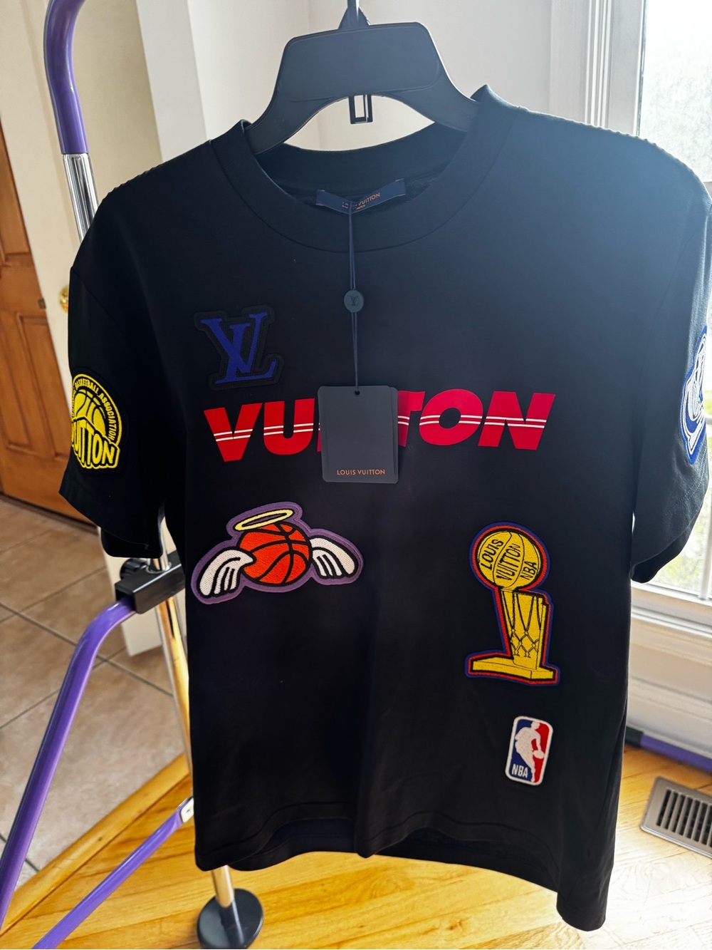Louis Vuitton x NBA Black Tee with Red Logo and Multicolor Patches